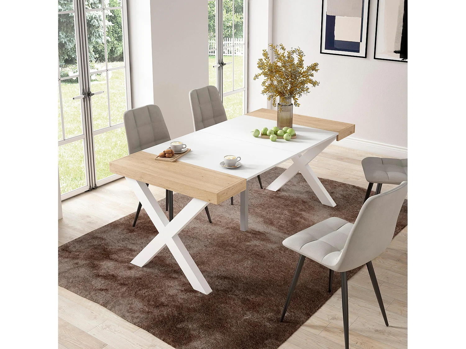 Mesa Consola Extensível, 180x90x73cm, Para 8 pessoas, Pés de madeira, Carvahlo e branco