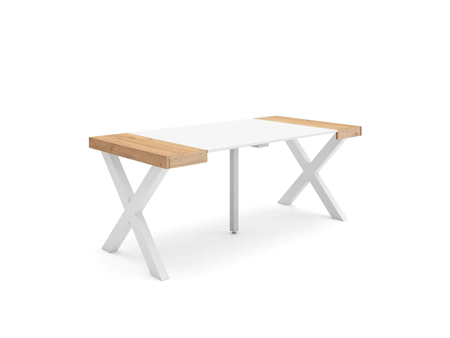 Table console extensible, 180x90x73cm, Pour 8 personnes, Pieds bois massif, Chêne et blanc