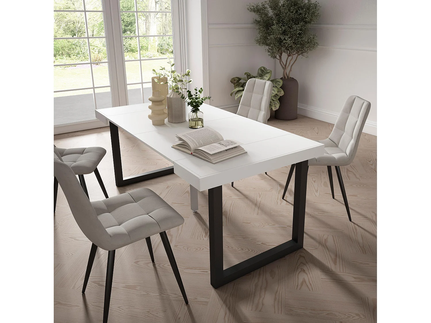 Table console extensible, 180x90x73cm, Pour 8 personnes, Pieds bois massif, Blanc