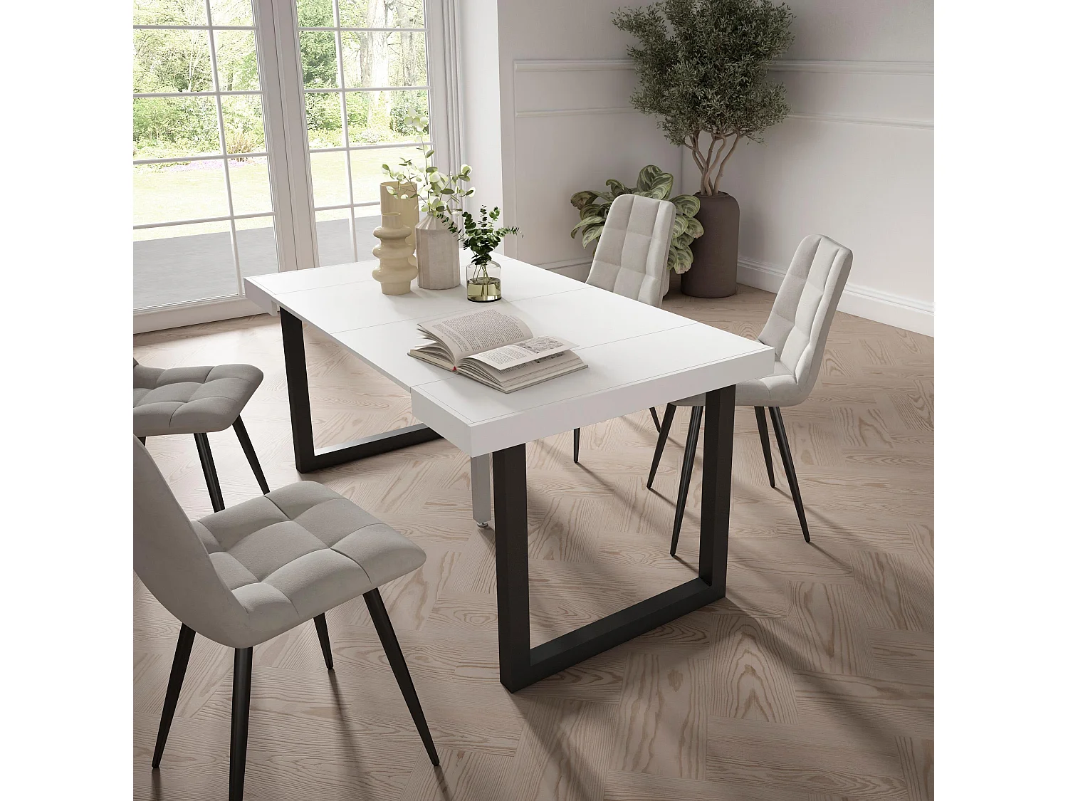 Table console extensible, 160x90x73cm, Pour 8 personnes, Pieds bois massif, Blanc