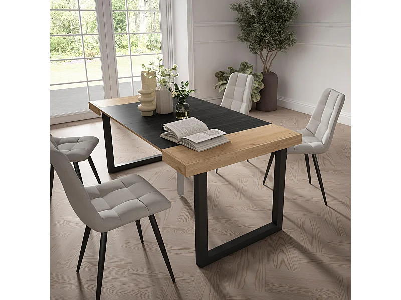 Mesa Consola Extensível, 180x90x73cm, Para 8 pessoas, Pés de madeira, Carvahlo e preto