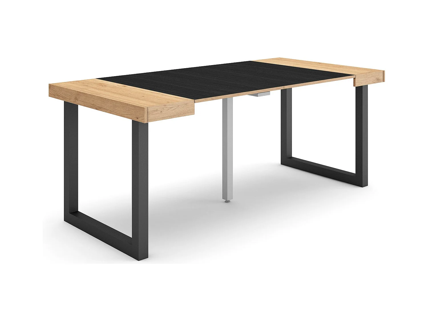 Table console extensible, 180x90x73cm, Pour 8 personnes, Pieds bois massif, Chêne et noir