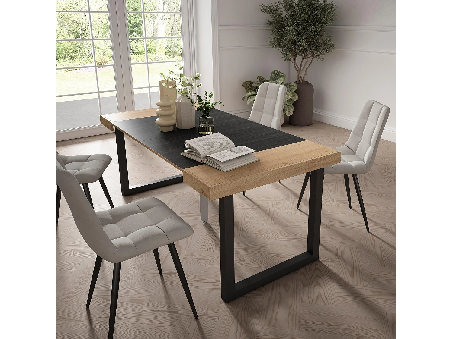 Mesa Consola Extensível, 180x90x73cm, Para 8 pessoas, Pés de madeira, Carvahlo e preto