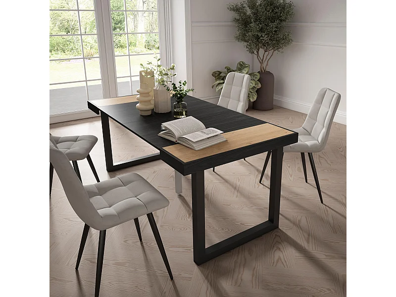 Mesa Consola Extensível, 180x90x73cm, Para 8 pessoas, Pés de madeira, Carvahlo e preto