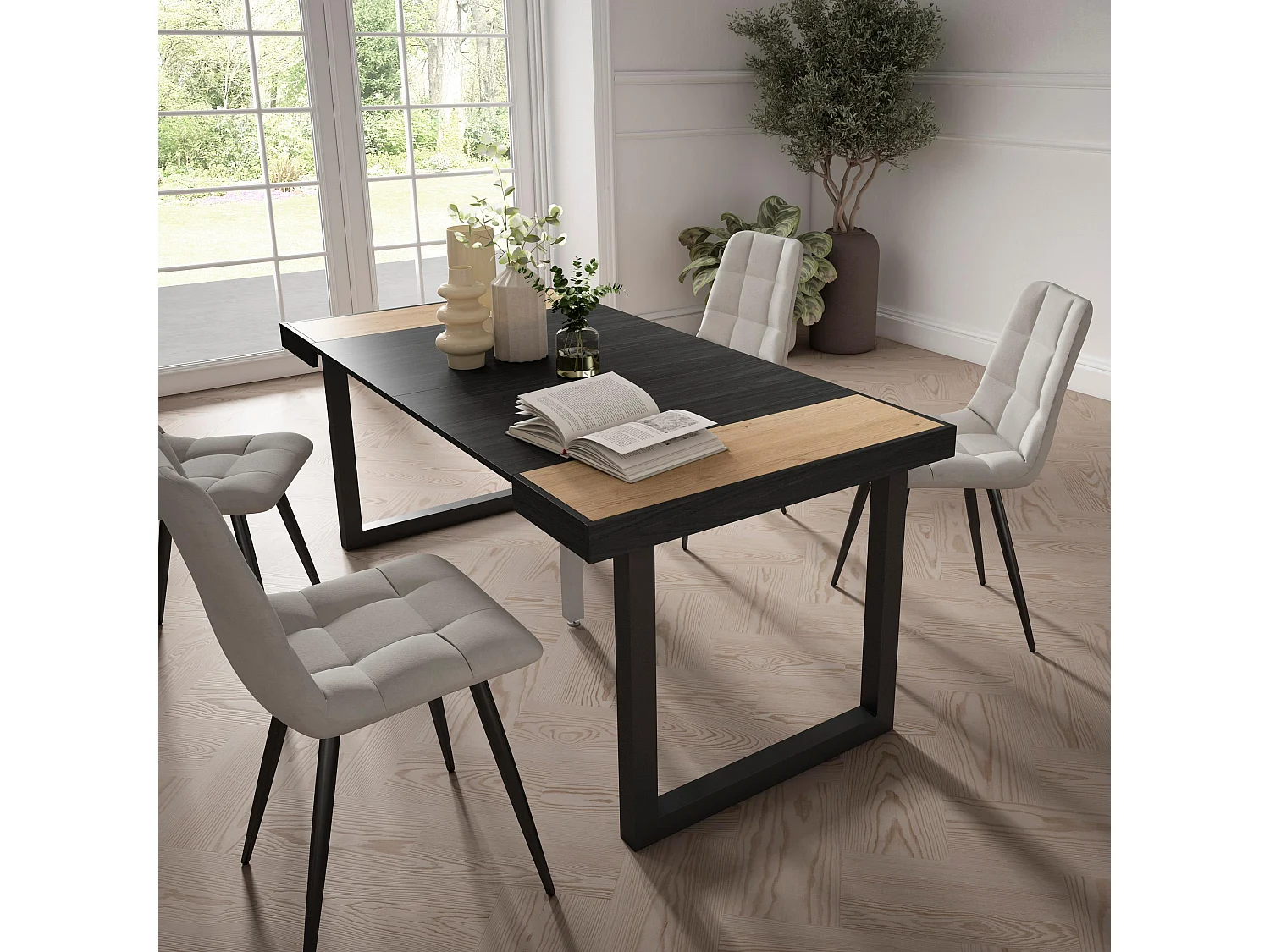 Mesa Consola Extensível, 180x90x73cm, Para 8 pessoas, Pés de madeira, Carvahlo e preto