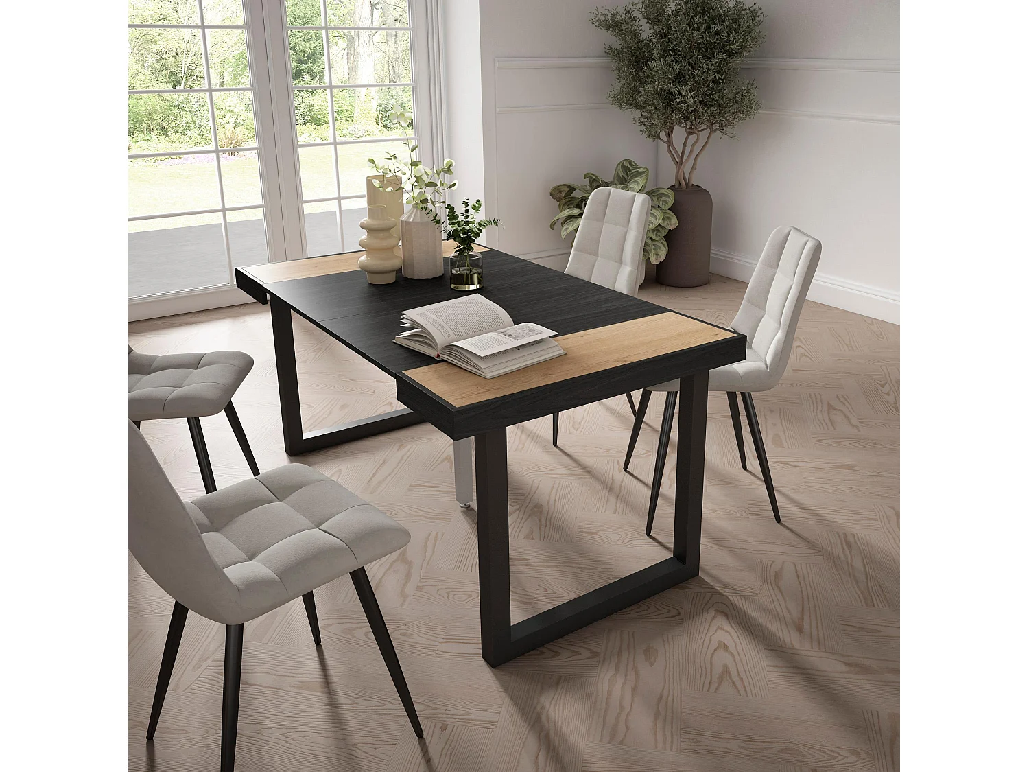 Table console extensible, 160x90x73cm, Pour 8 personnes, Pieds bois massif, Chêne et noir