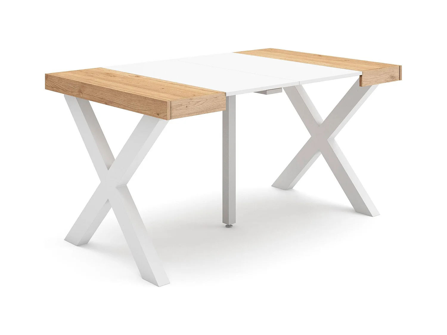 Table console extensible, 140x90x73cm, Pour 6 personnes, Pieds bois massif, Chêne et blanc