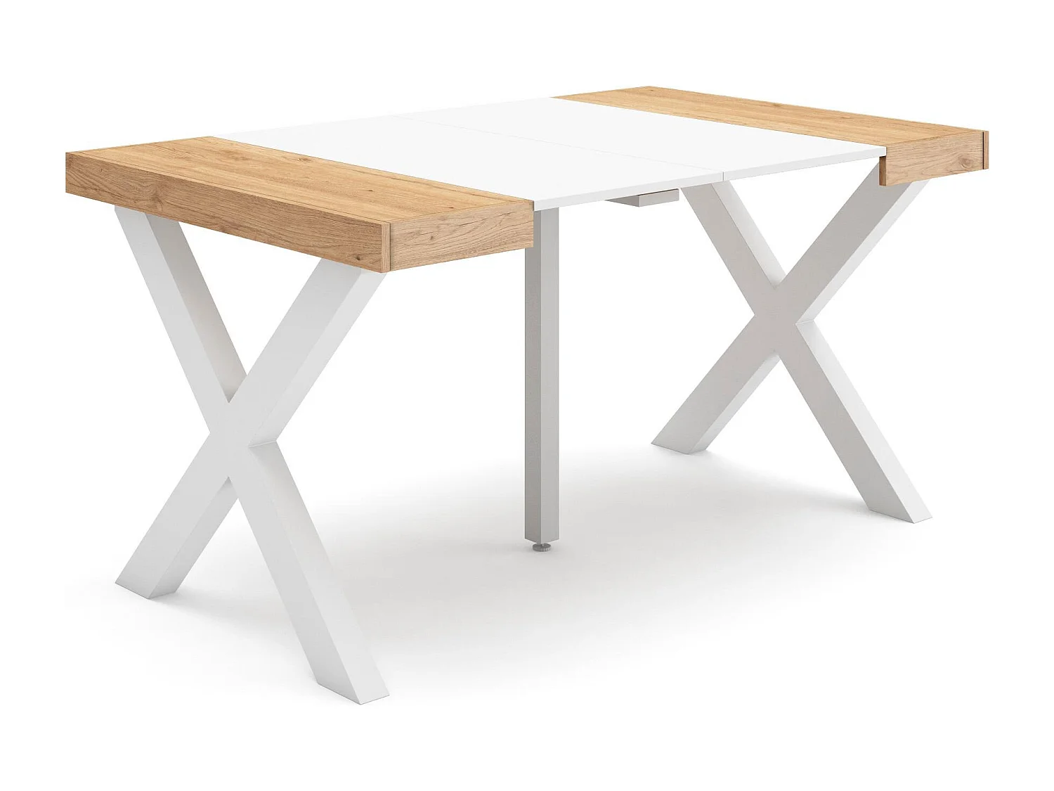 Table console extensible, 140x90x73cm, Pour 6 personnes, Pieds bois massif, Chêne et blanc