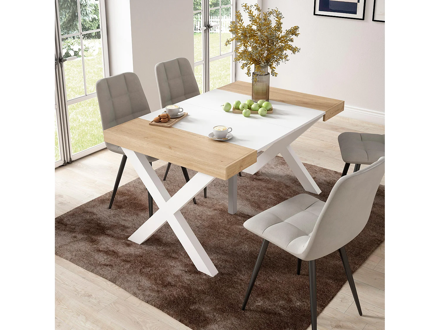 Table console extensible, 140x90x73cm, Pour 6 personnes, Pieds bois massif, Chêne et blanc