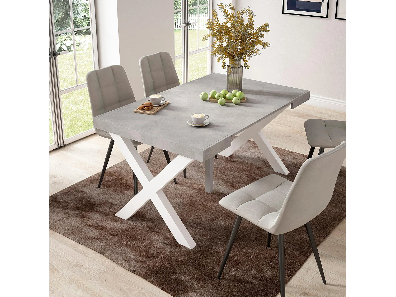 Uitschuifbare Consoletafel, 140x90x73cm, Voor 6 personen, Massief houten poten, Cement