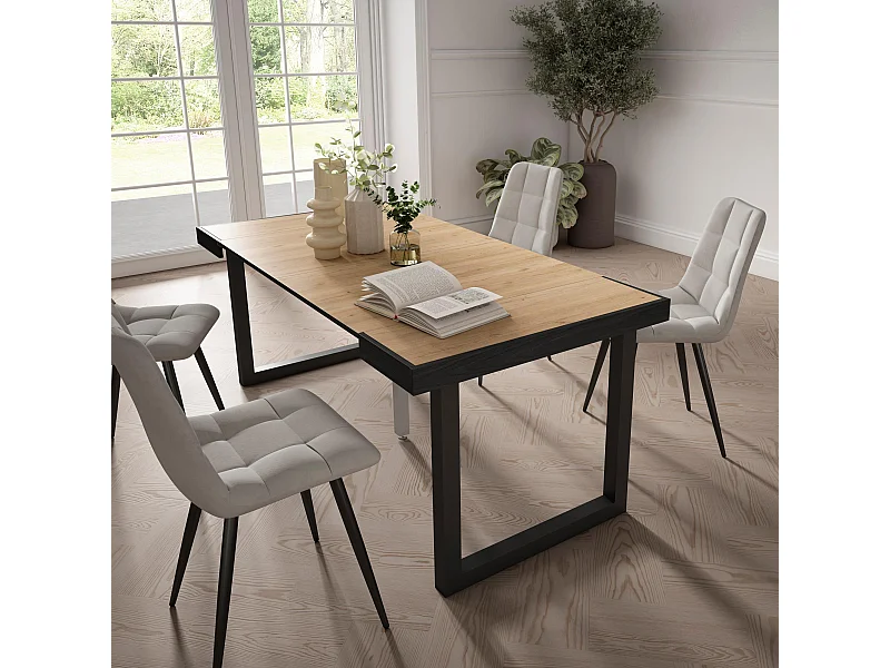 Table console extensible, 180x90x73cm, Pour 8 personnes, Pieds bois massif, Chêne
