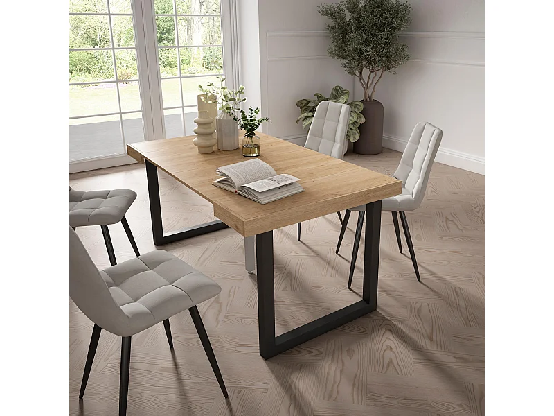 Table console extensible, 160x90x73cm, Pour 8 personnes, Pieds bois massif, Chêne