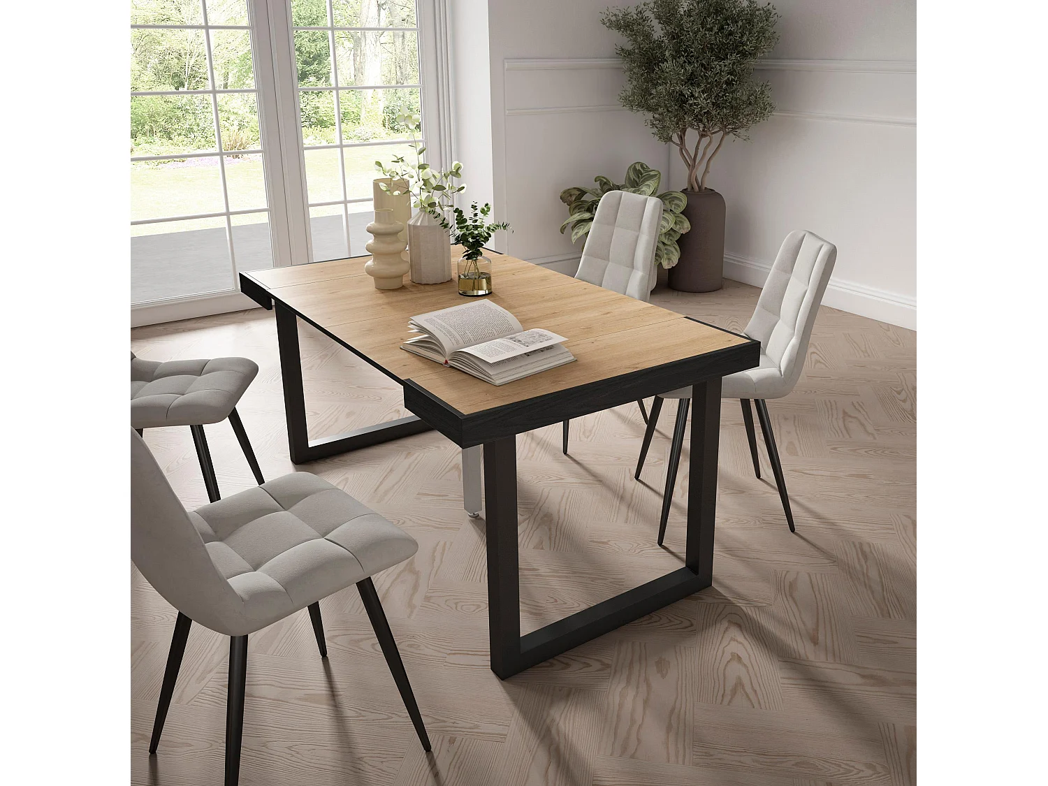 Table console extensible, 160x90x73cm, Pour 8 personnes, Pieds bois massif, Chêne