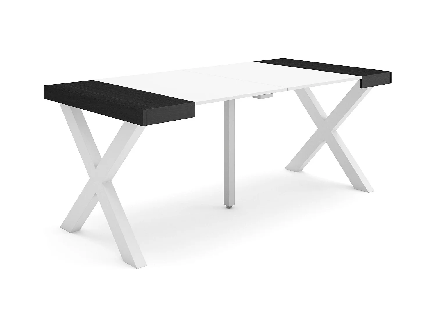 Table console extensible, 180x90x73cm, Pour 8 personnes, Pieds bois massif, Blanc et noir