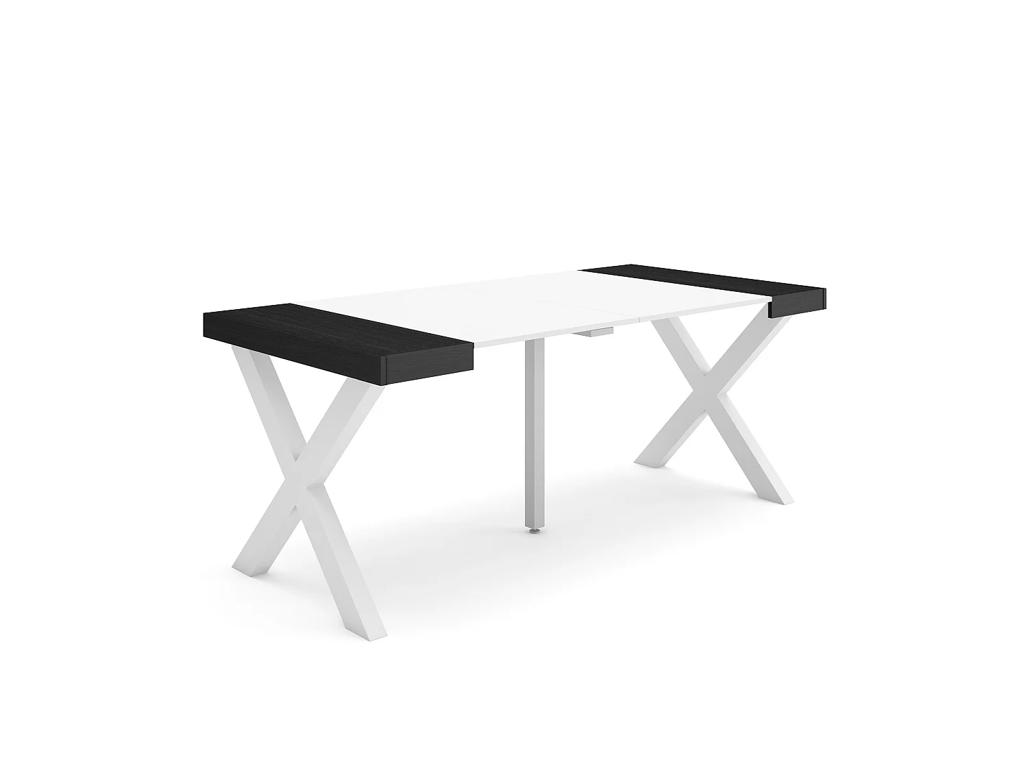 Table console extensible, 180x90x73cm, Pour 8 personnes, Pieds bois massif, Blanc et noir