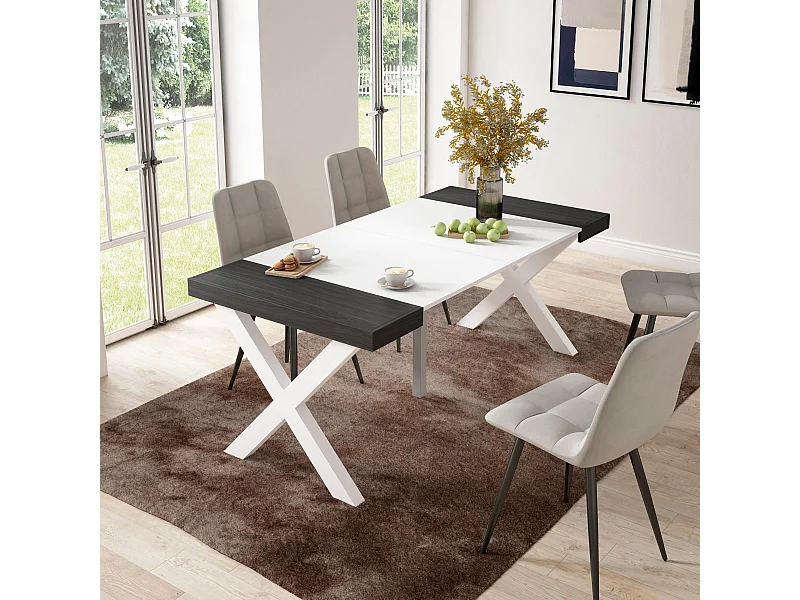 Mesa Consola Extensível, 180x90x73cm, Para 8 pessoas, Pés de madeira, Branco e preto