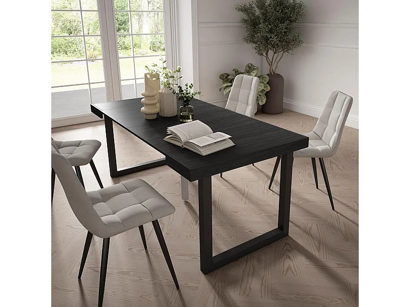 Table console extensible, 180x90x73cm, Pour 8 personnes, Pieds bois massif, Noir