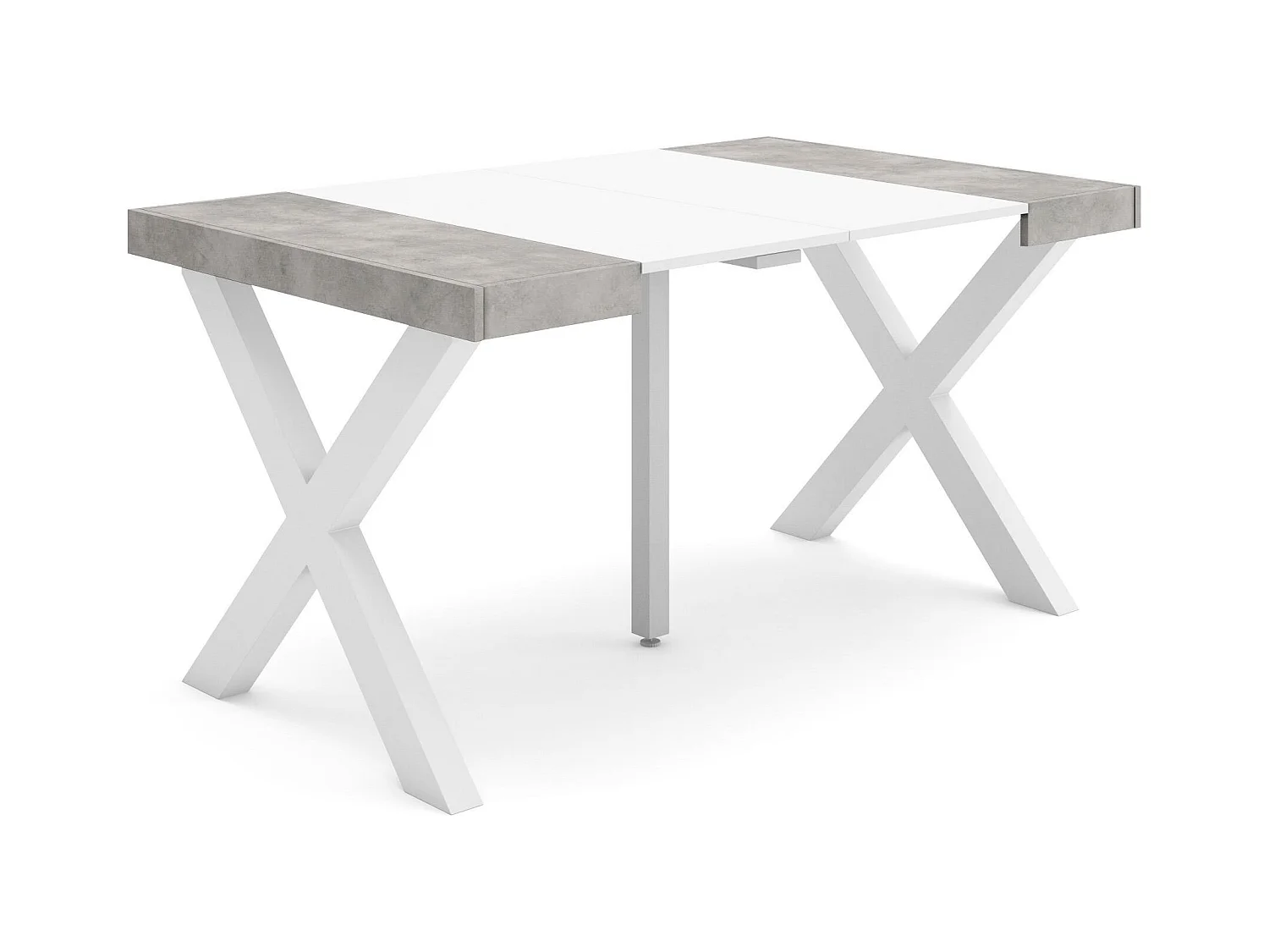 Table console extensible, 140x90x73cm, Pour 6 personnes, Pieds bois massif, Blanc et ciment