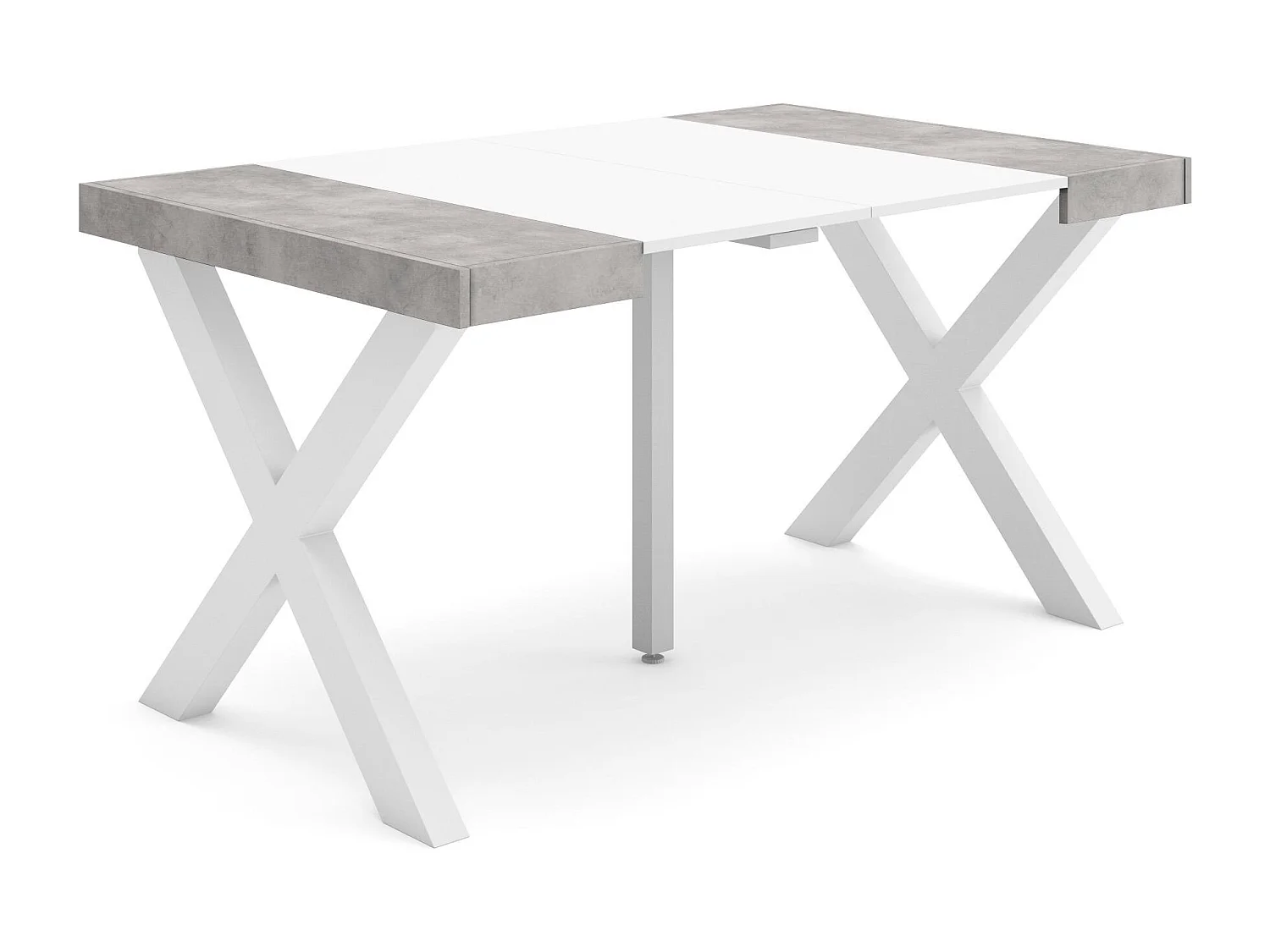 Table console extensible, 140x90x73cm, Pour 6 personnes, Pieds bois massif, Blanc et ciment
