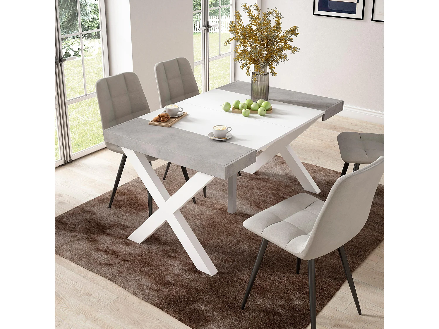 Table console extensible, 140x90x73cm, Pour 6 personnes, Pieds bois massif, Blanc et ciment