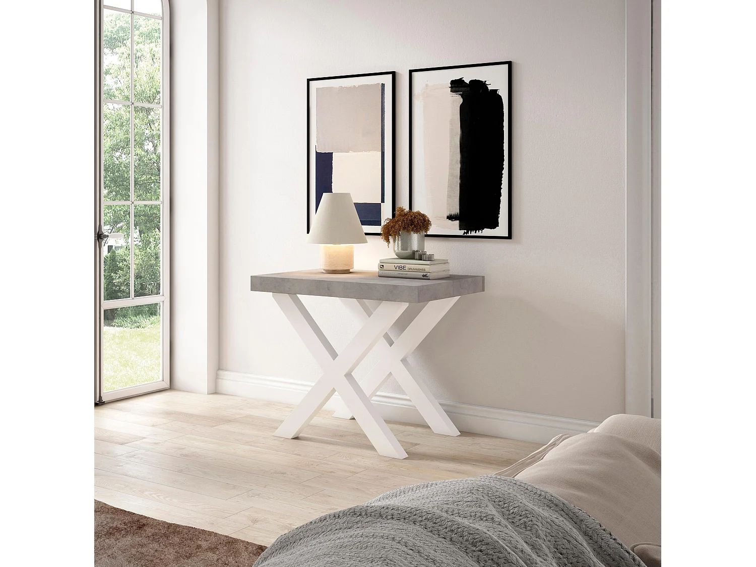 Table console extensible, 140x90x73cm, Pour 6 personnes, Pieds bois massif, Blanc et ciment