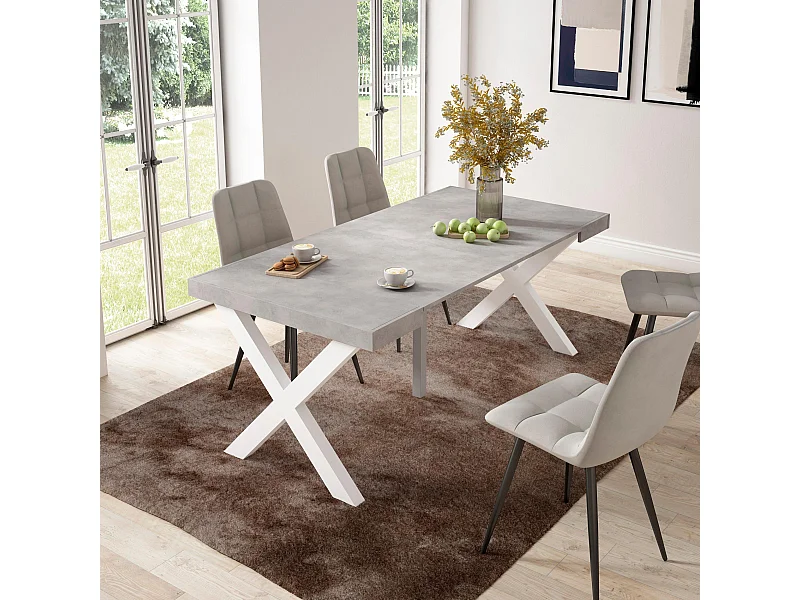 Table console extensible, 180x90x73cm, Pour 8 personnes, Pieds bois massif, Ciment