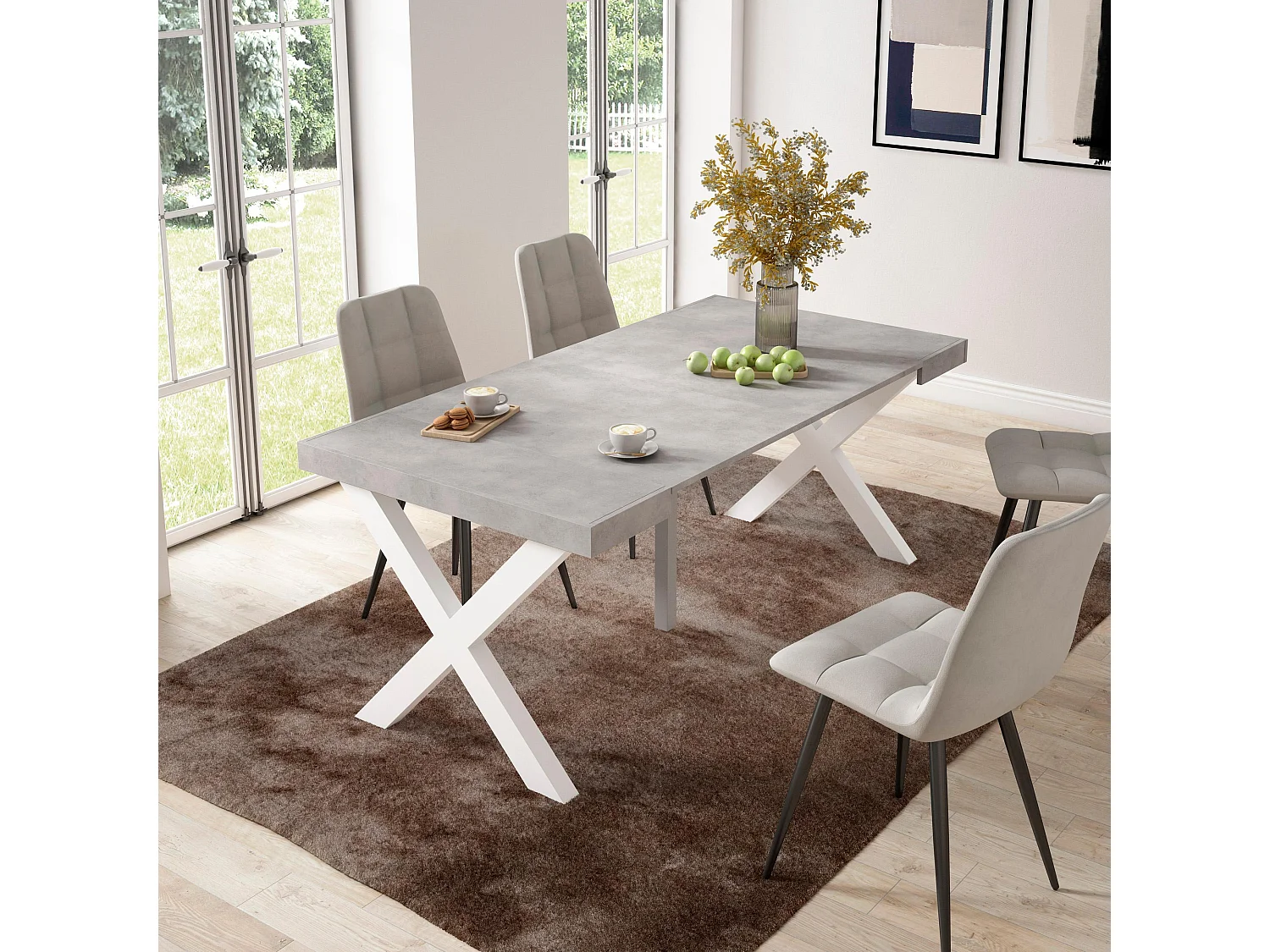 Table console extensible, 180x90x73cm, Pour 8 personnes, Pieds bois massif, Ciment