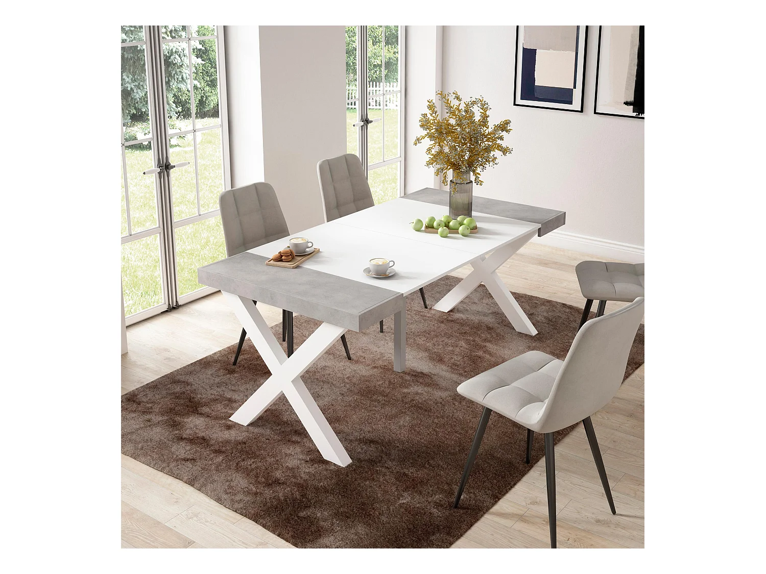 Ausziehbarertisch, 180x90x73cm, Für 8 Gäste, Massivholz Beine, Mattweiß und Zement