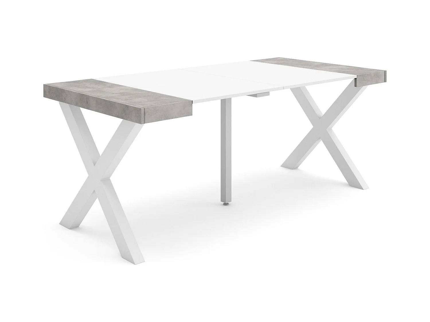 Table console extensible, 180x90x73cm, Pour 8 personnes, Pieds bois massif, Blanc et ciment