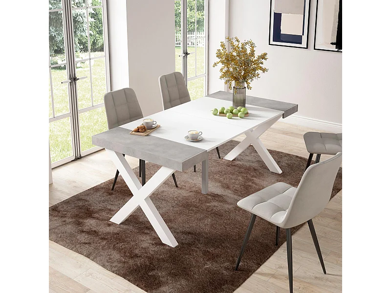 Mesa Consola Extensível, 180x90x73cm, Para 8 pessoas, Pés de madeira, Branco e cinzento