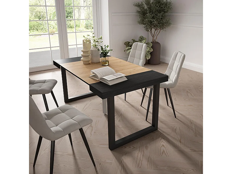 Mesa Consola Extensível, 160x90x73cm, Para 8 pessoas, Pés de madeira, Preto e carvahlo