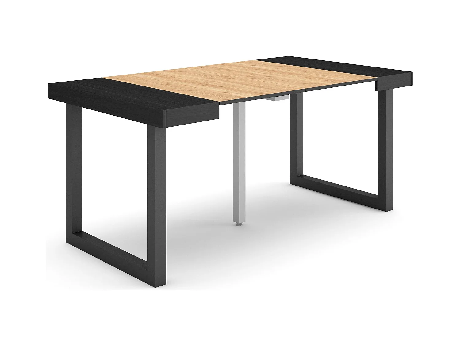 Table console extensible, 160x90x73cm, Pour 8 personnes, Pieds bois massif, Noir et chêne