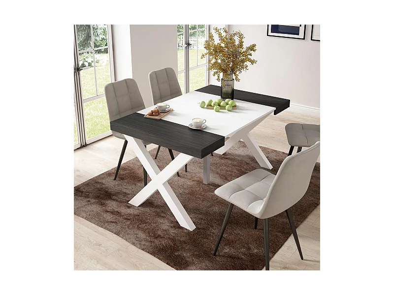 Ausziehbarertisch, 140x90x73cm, Für 6 Gäste, Massivholz Beine, Weiß und Schwarz
