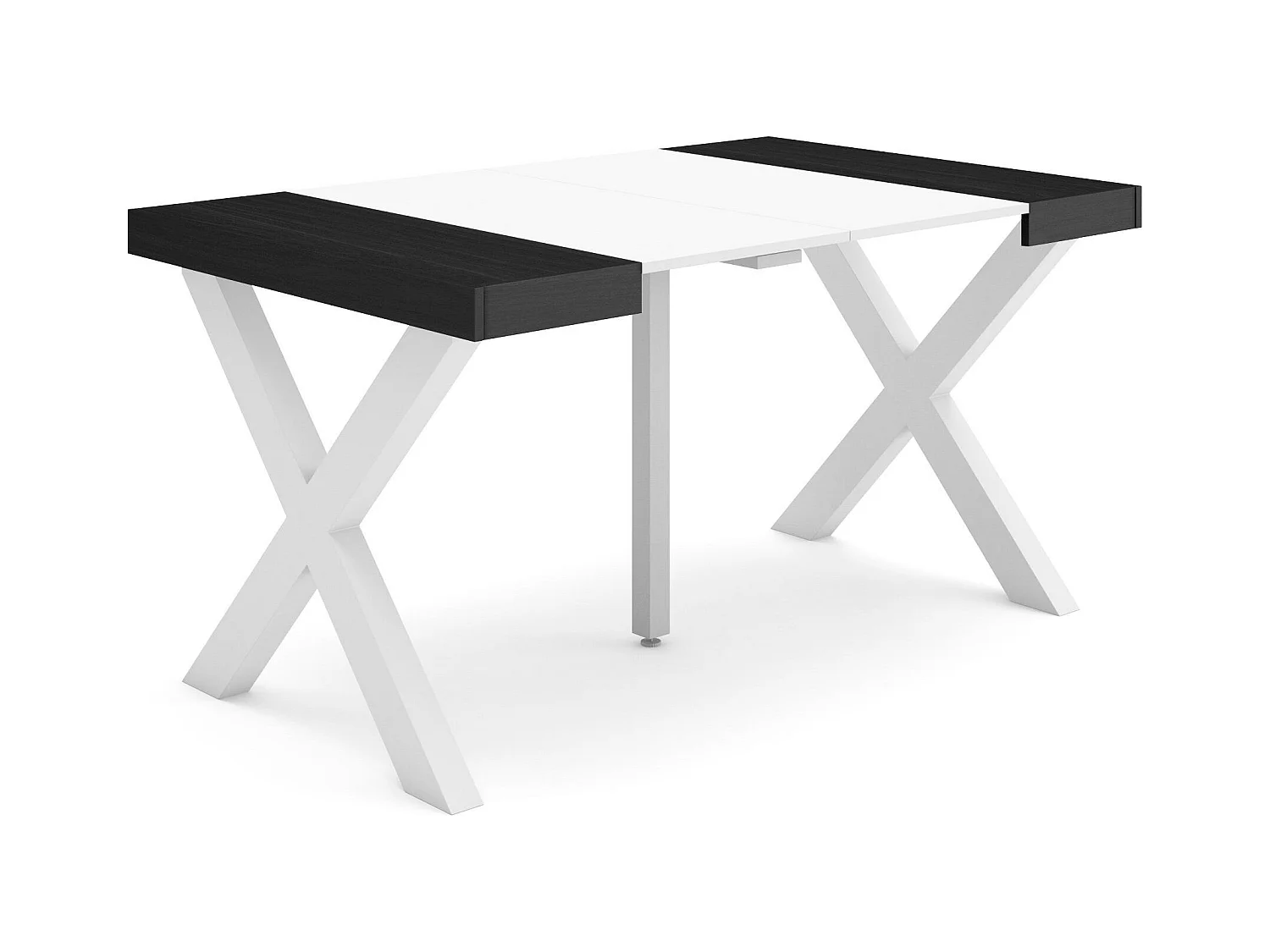 Table console extensible, 140x90x73cm, Pour 6 personnes, Pieds bois massif, Blanc et noir