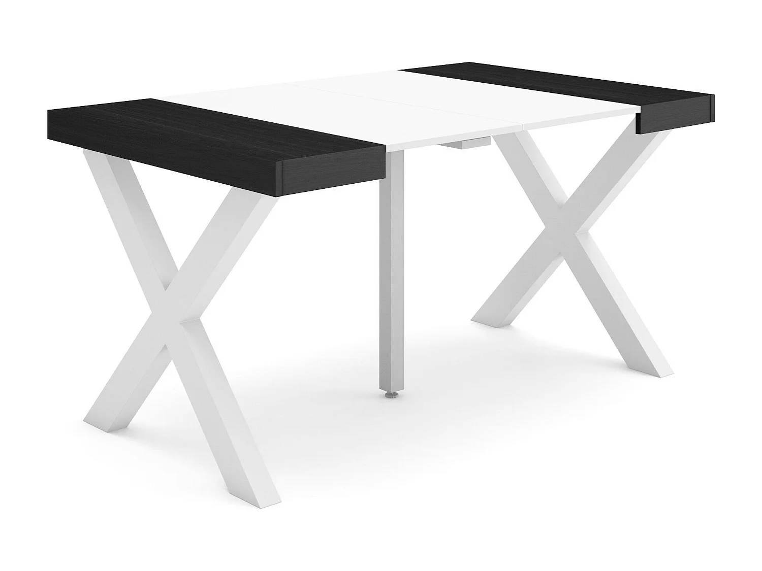 Table console extensible, 140x90x73cm, Pour 6 personnes, Pieds bois massif, Blanc et noir