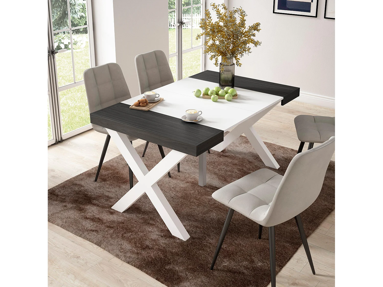 Table console extensible, 140x90x73cm, Pour 6 personnes, Pieds bois massif, Blanc et noir