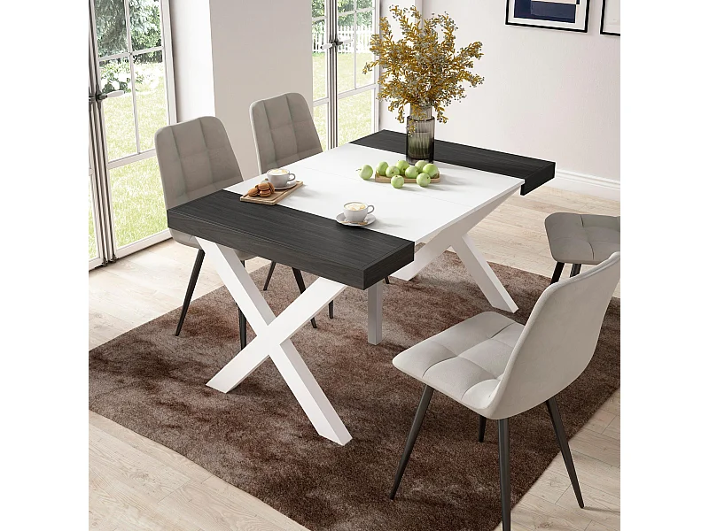 Uitschuifbare Consoletafel, 140x90x73cm, Voor 6 personen, Massief houten poten, Wit en Zwart