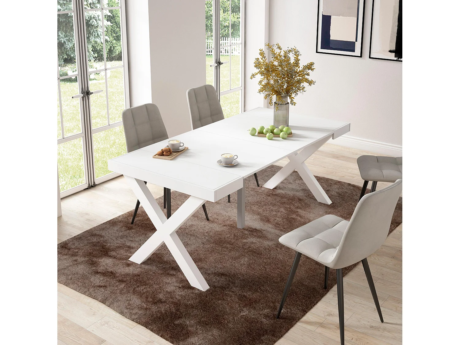 Table console extensible, 180x90x73cm, Pour 8 personnes, Pieds bois massif, Blanc
