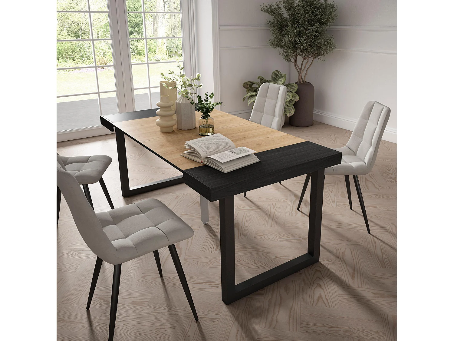 Table console extensible, 180x90x73cm, Pour 8 personnes, Pieds bois massif, Noir et chêne