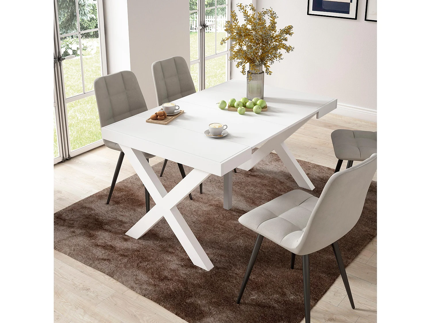 Table console extensible, 140x90x73cm, Pour 6 personnes, Pieds bois massif, Blanc