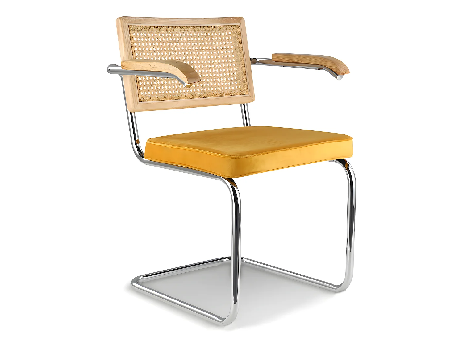 Chaise de salle à manger avec accoudoirs - Tapisserie en velours - Bois et rotin - Martha Moutarde
