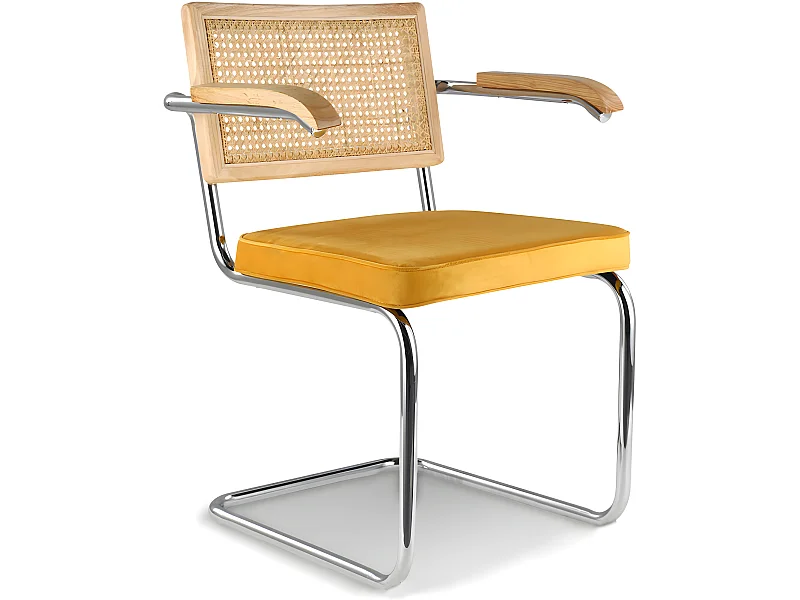 Chaise de salle à manger avec accoudoirs - Tapisserie en velours - Bois et rotin - Martha Moutarde