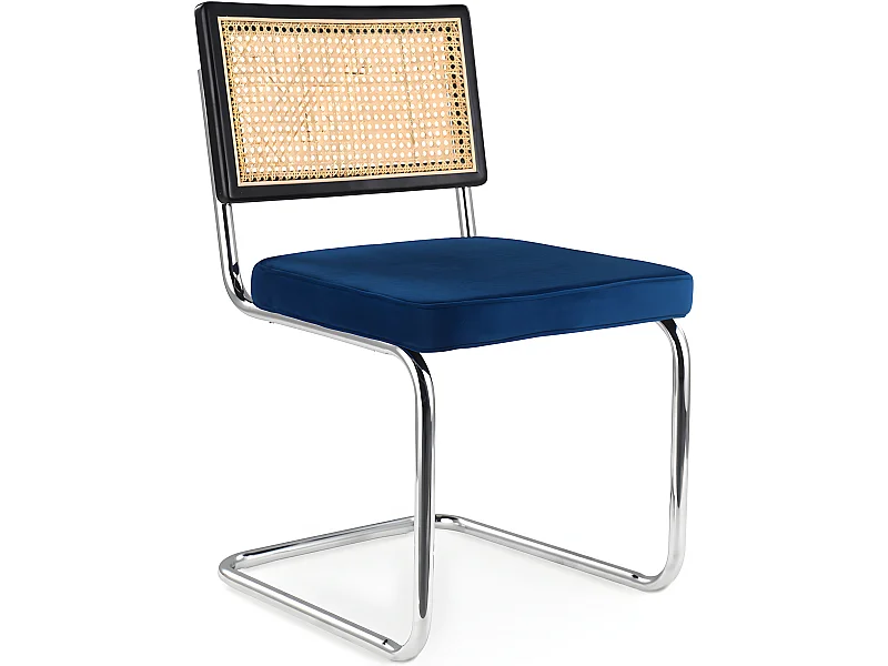 Chaise de salle à manger - Tapissée de velours - Bois et rotin - Hyre Bleu foncé