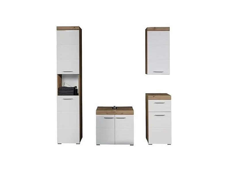 Ensemble meuble de salle de bain 4 pièces laqué blanc et chêne clair Kelia