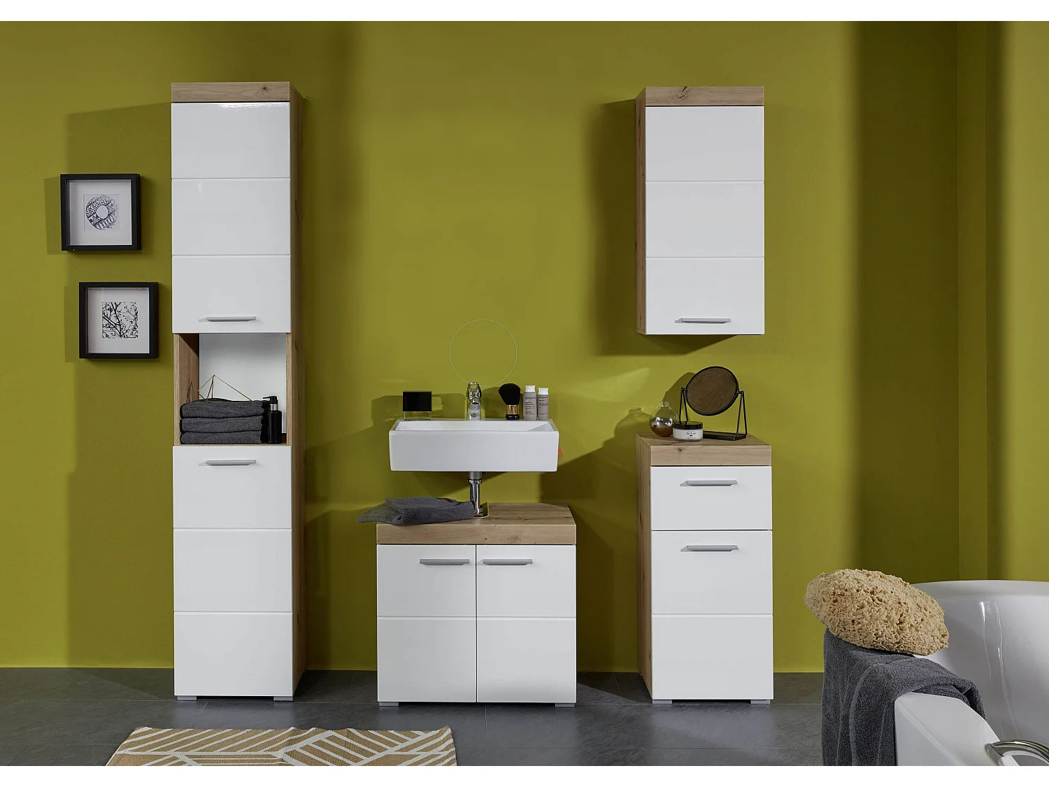 Kelia wit gelakt en licht eiken 4-delige badkamermeubelset