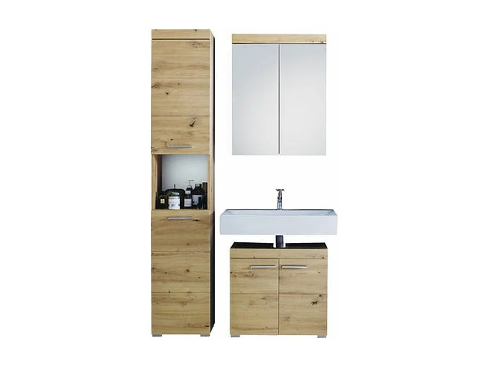 Ensemble meuble de salle de bain avec miroir 3 pièces laqué blanc chêne clair Kelia