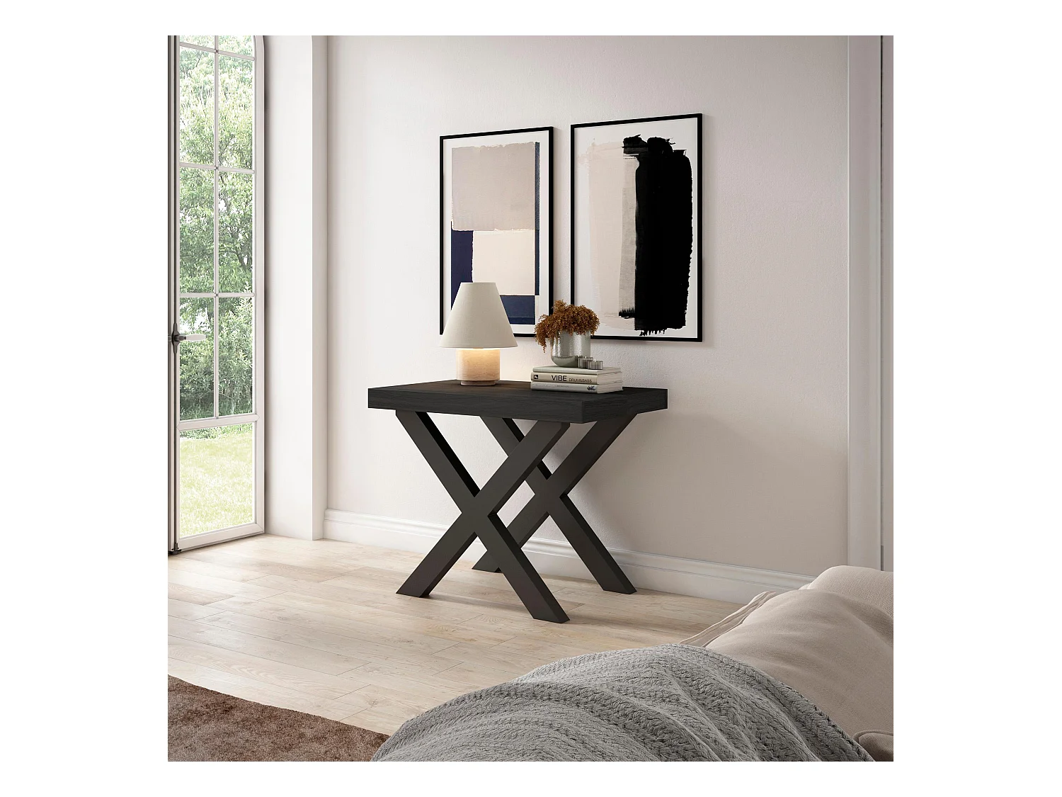 Mesa Consola Extensível, 160x90x73cm, Para 8 pessoas, Pés de madeira, Preto