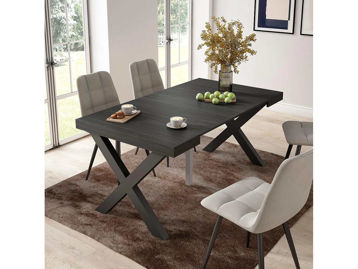 Ausziehbarertisch, 160x90x73cm, Für 8 Gäste, Massivholz Beine, Schwarz