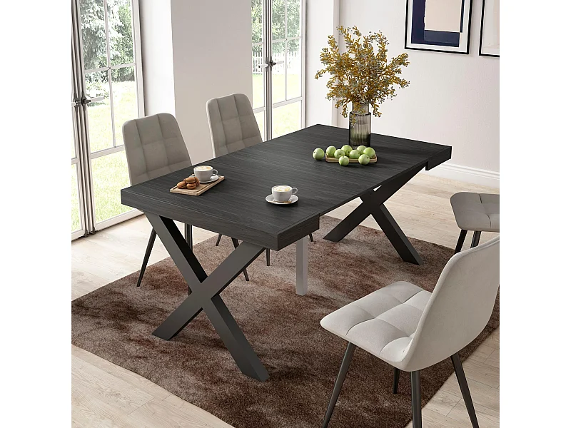 Table console extensible, 160x90x73cm, Pour 8 personnes, Pieds bois massif, Noir
