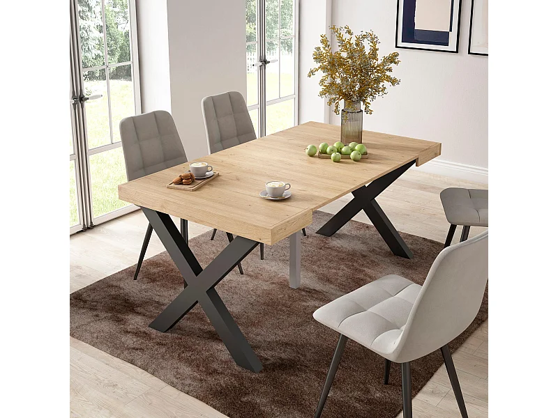 Table console extensible, 160x90x73cm, Pour 8 personnes, Pieds bois massif, Chêne